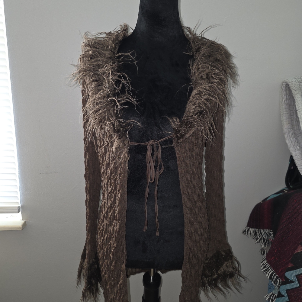 DOLLS KILL Bear Dance Y2K Brown Textured Sheer Cardigan with Faux Fur Trim